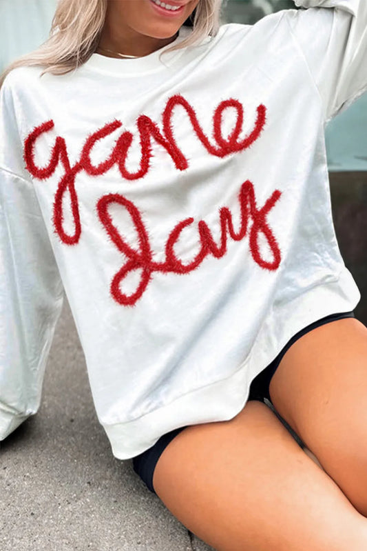 White Plus Size Game Day Tinsel Rugby Football Season Sweatshirt - Chic Meadow Boutique 