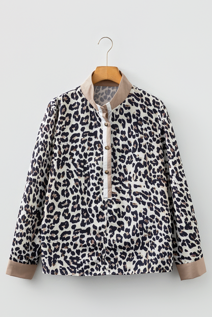 Multicolour Leopard Print Contrast Patchwork Cuffs Button Collared Top
