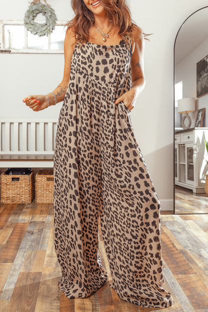 Khaki Leopard Print Square Neck Pleated Wide Leg Jumpsuit