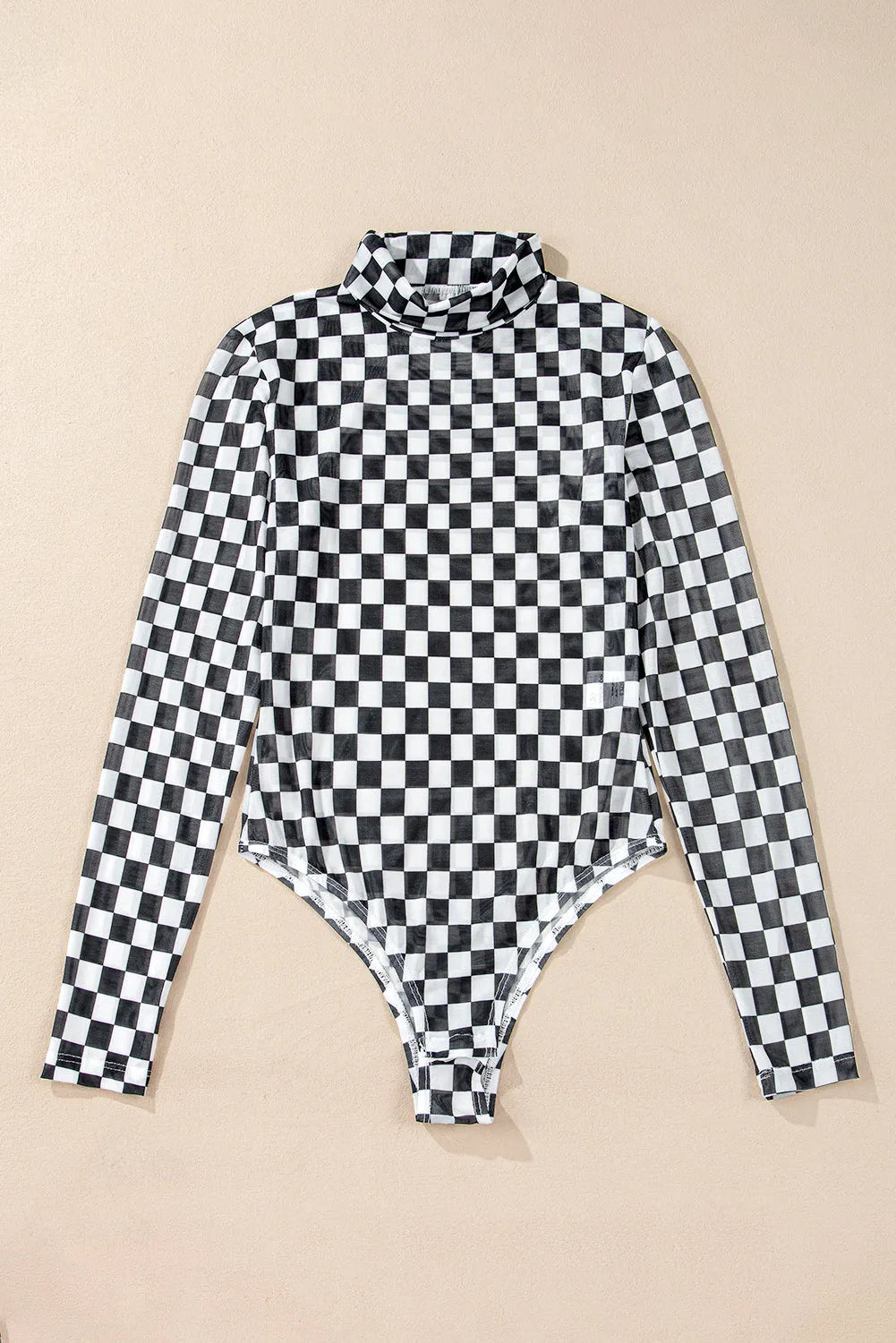 Black Checkered Printed Long Sleeve High Neck Bodysuit - Chic Meadow Boutique 