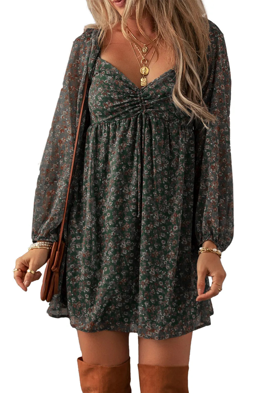 Green Floral Print Sweetheart Neck Shirred Back Mini Dress - Chic Meadow Boutique 