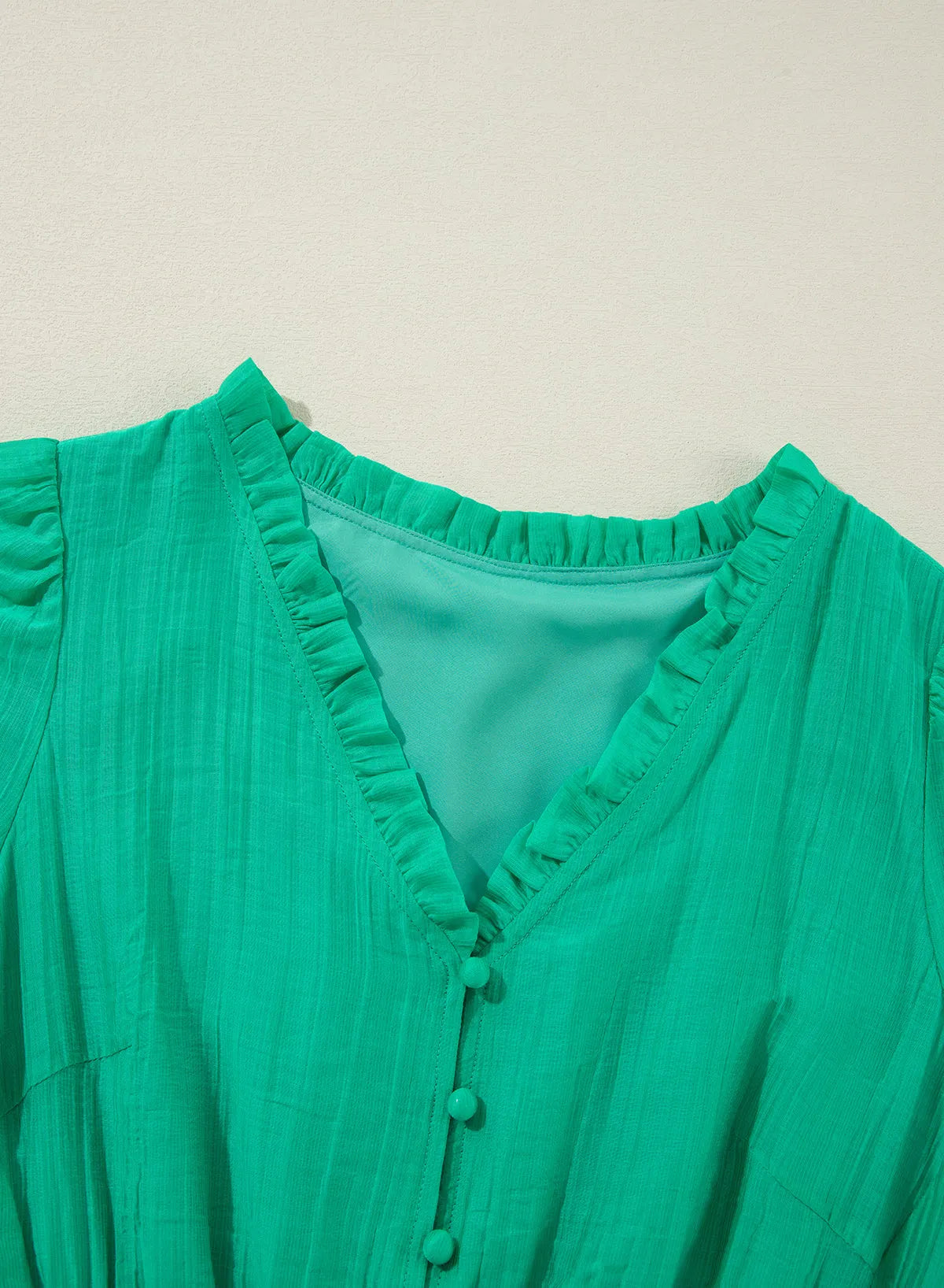 Sea Green Frilly V Neck Puff Sleeve Drawstring Shift Mini Dress - Chic Meadow Boutique 