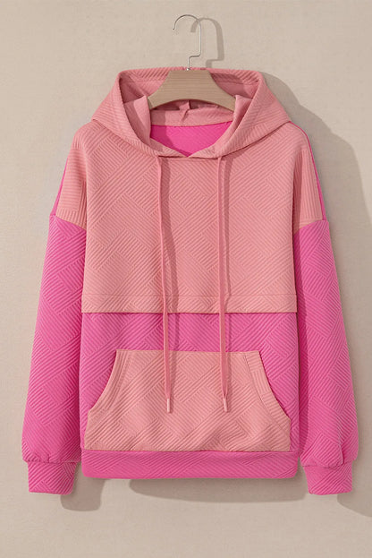 Pink Textured Color Block Kangaroo Pocket Drop Shoulder Hoodie - Chic Meadow Boutique 