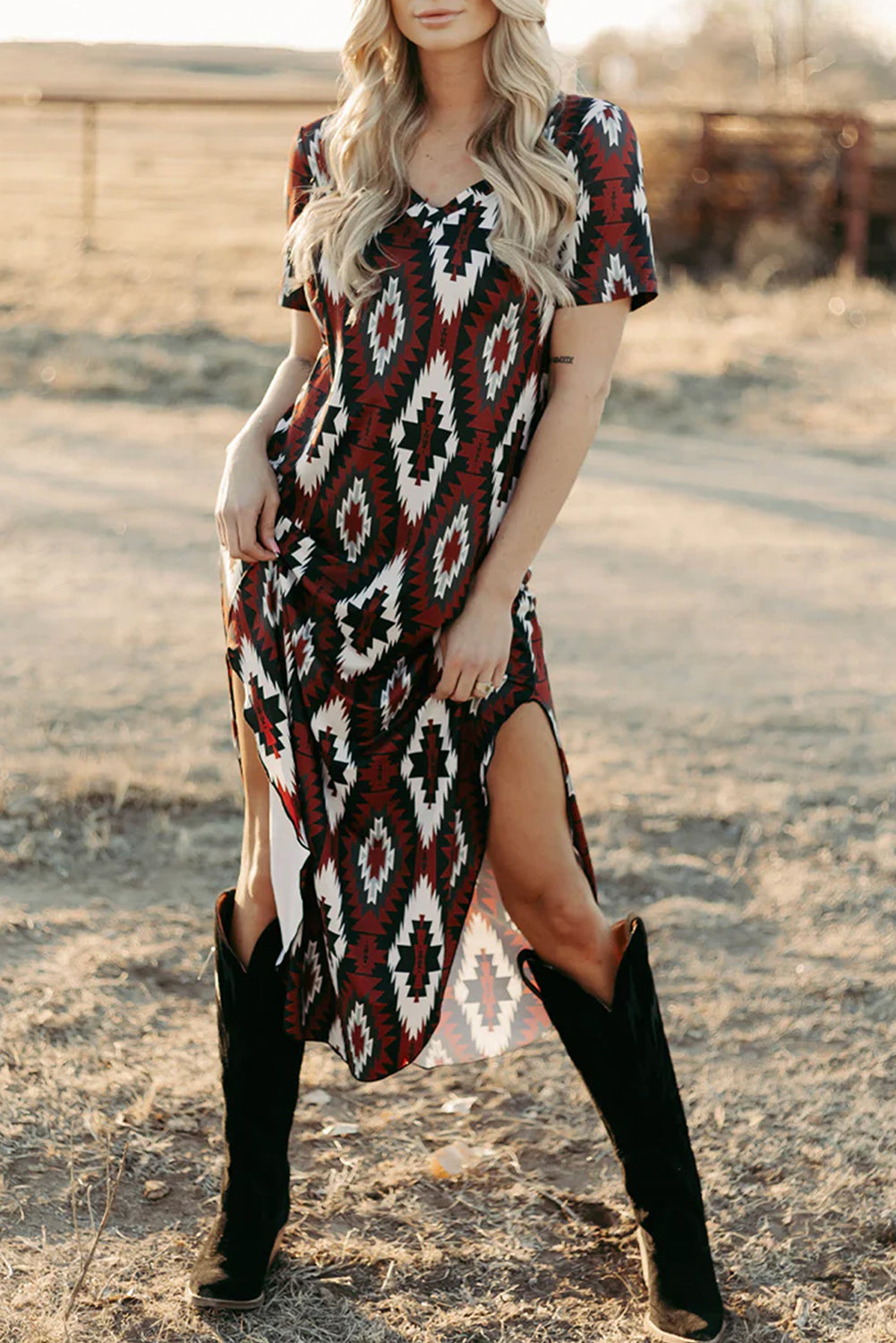 Red Western Aztec Printed Long T-shirt Dress