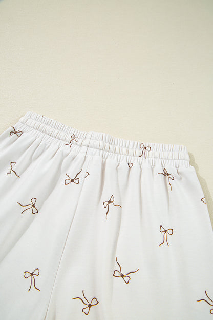 Beige Bow Print Half Zip Tank and Shorts 2pcs Set