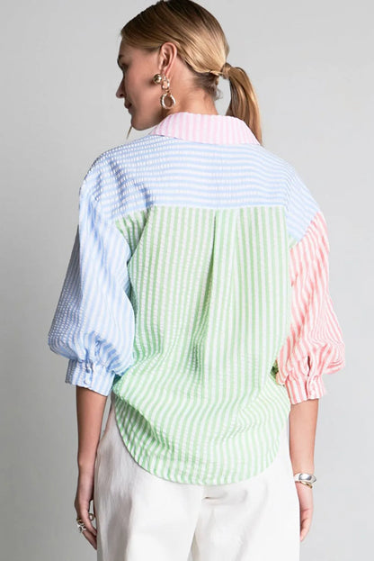 Pink Stripe Color Block Balloon Sleeve Buttoned Loose Fit Shirt - Chic Meadow Boutique 