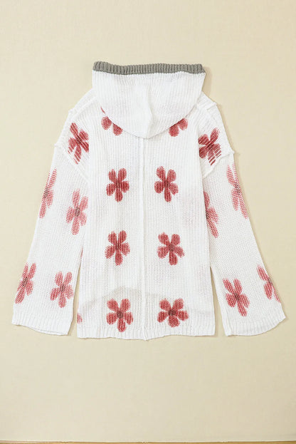 White Floral Print Lightweight Knit Hooded Sweater - Chic Meadow Boutique 