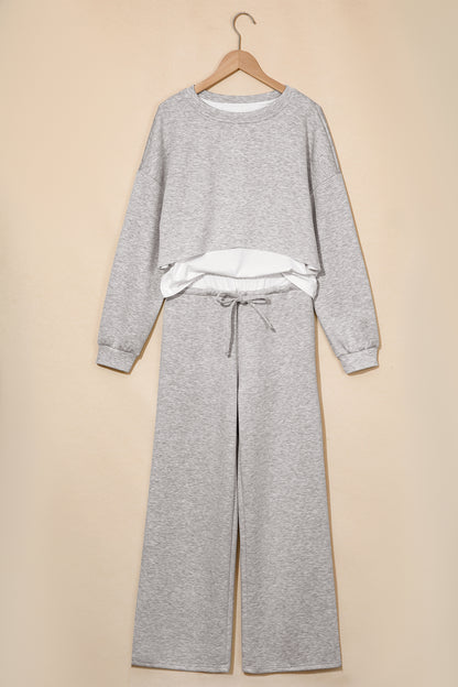 Gray Color Contrast Overlay Long Sleeve Top Drawstring Loose Pant Set