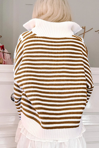 Khaki Stripe Zip up Collar Drop Shoulder Sweater - Chic Meadow Boutique 