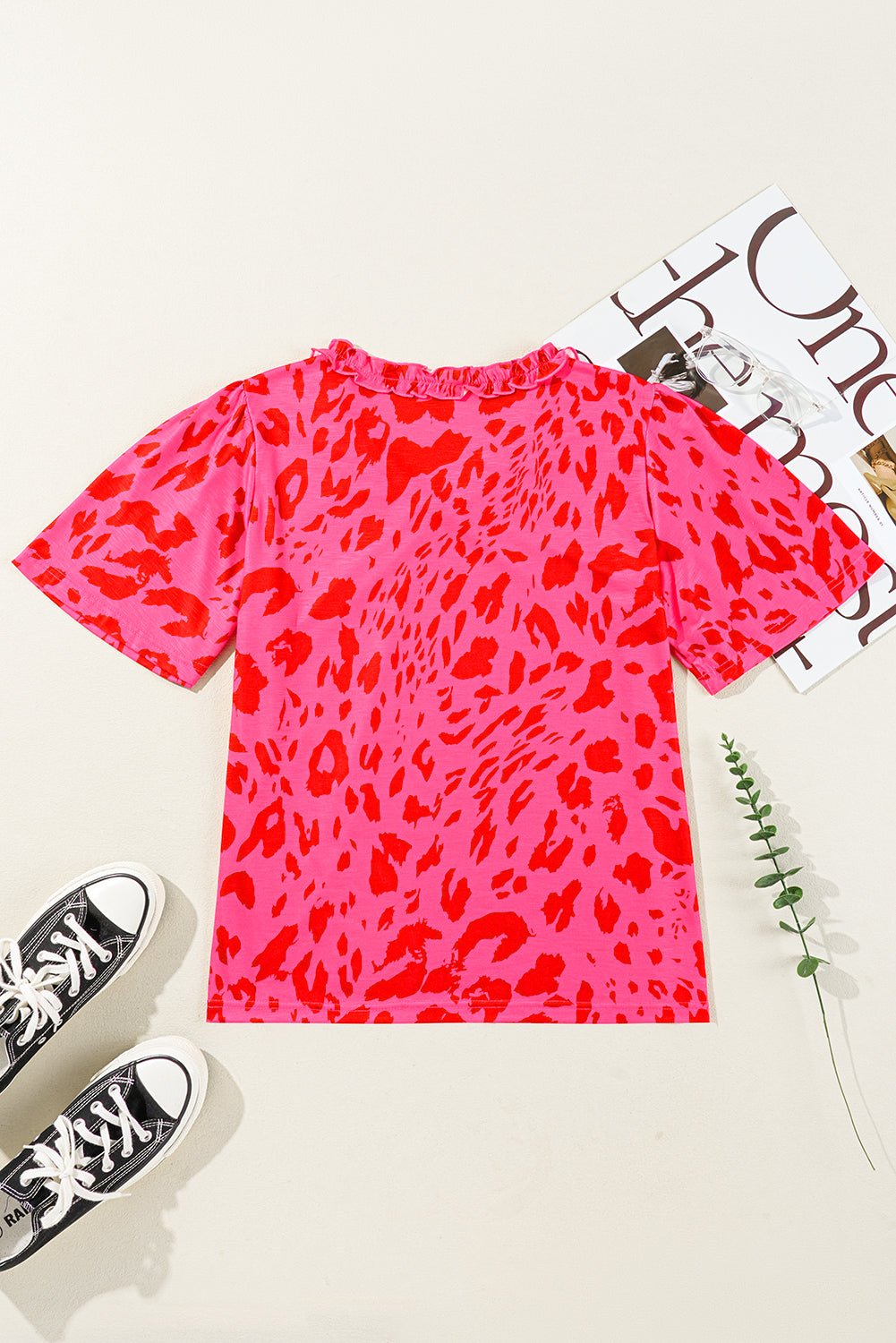 Rose Leopard Frilly V Neck Short Sleeve Blouse