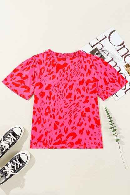 Rose Leopard Frilly V Neck Short Sleeve Blouse