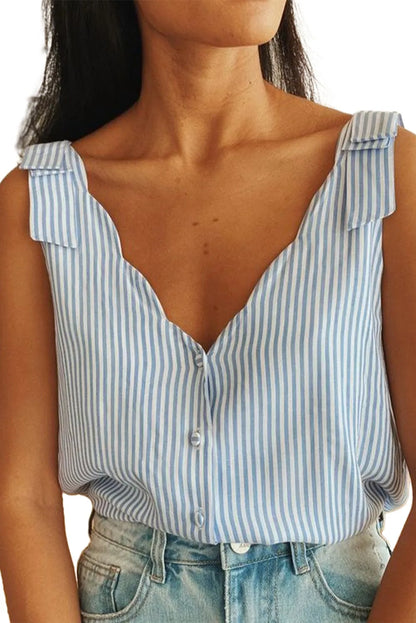 Sky Blue Stripe Scalloped V Neck Buttoned Tank Top - Chic Meadow Boutique 