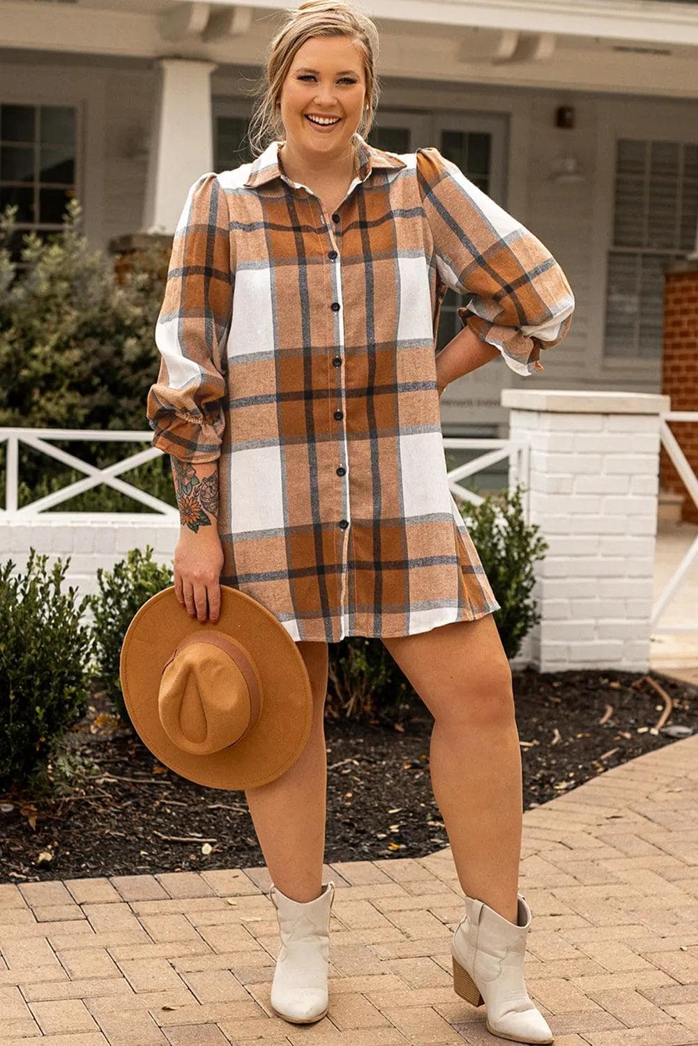 Plus Size/Plus Size Dresses/Plus Size Mini Dresses Khaki Plus Size Plaid Flounce Sleeve Button up Shirt Dress