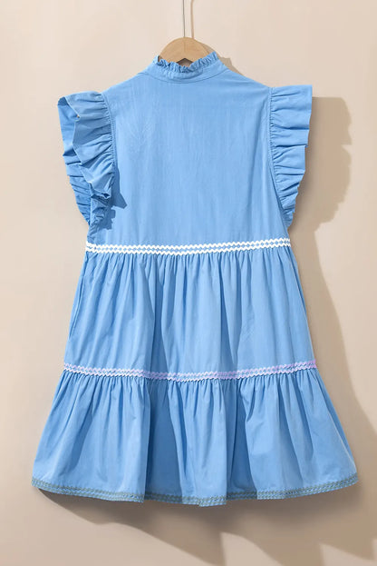 Beau Blue Ric Rac Colorblock Flutter Sleeve V Neck Tiered Dress - Chic Meadow Boutique 