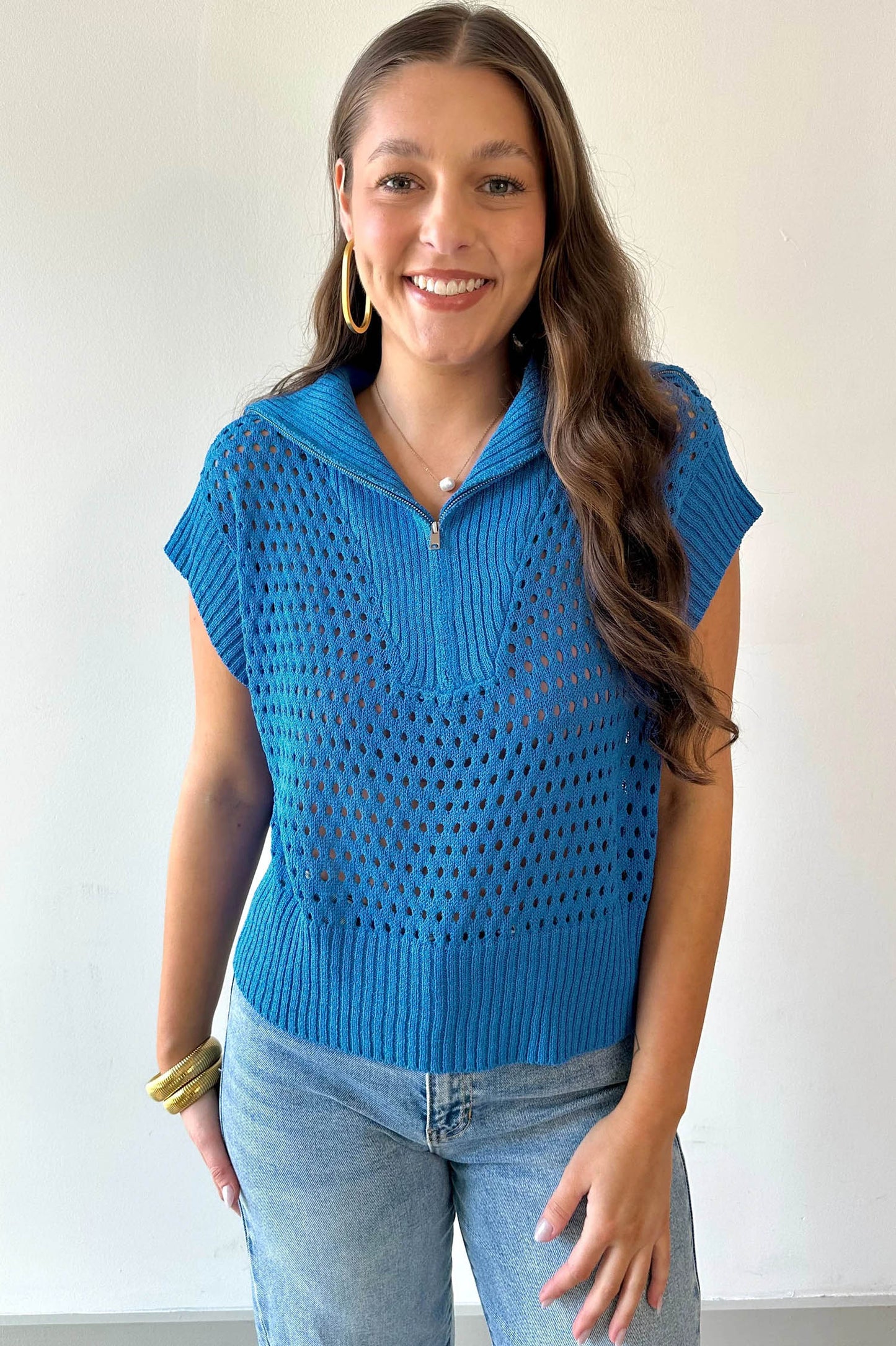 Sky Blue Solid Color Hollowed Knit Short Sleeve Zipper Collar Knitwear Top