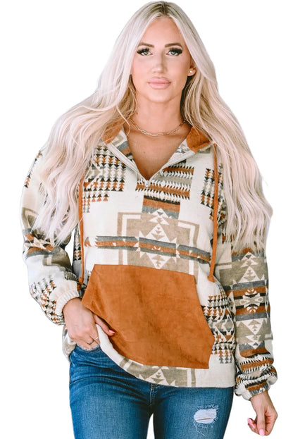 Beige Aztec Print Kangaroo Pocket Half-Zip Hoodie - Chic Meadow Boutique 