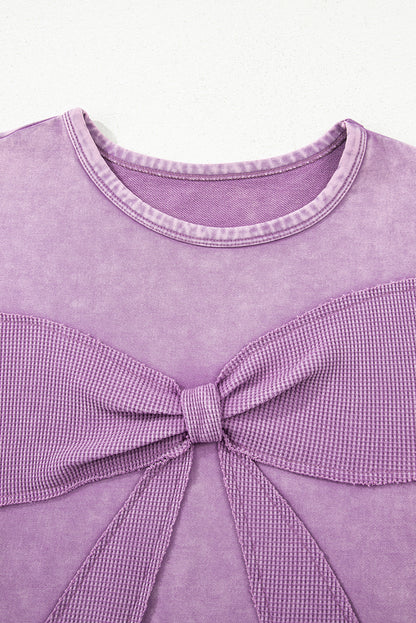 Orchid Bouquet Mineral Wash Big Bow Patchwork Pullover Sweatshirt