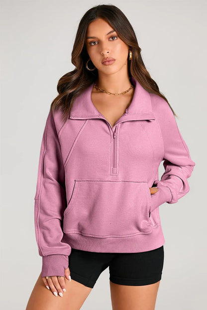 Valerian Quarter Zip Stand Neck Kangaroo Pocket Sweatshirt - Chic Meadow Boutique 