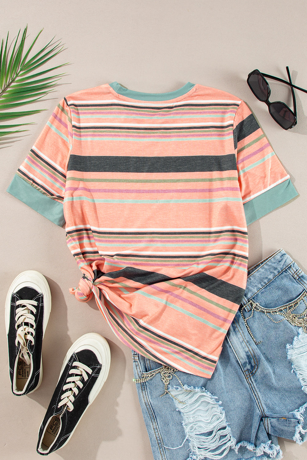 Pink Multicolor Stripes Crew Neck T Shirt
