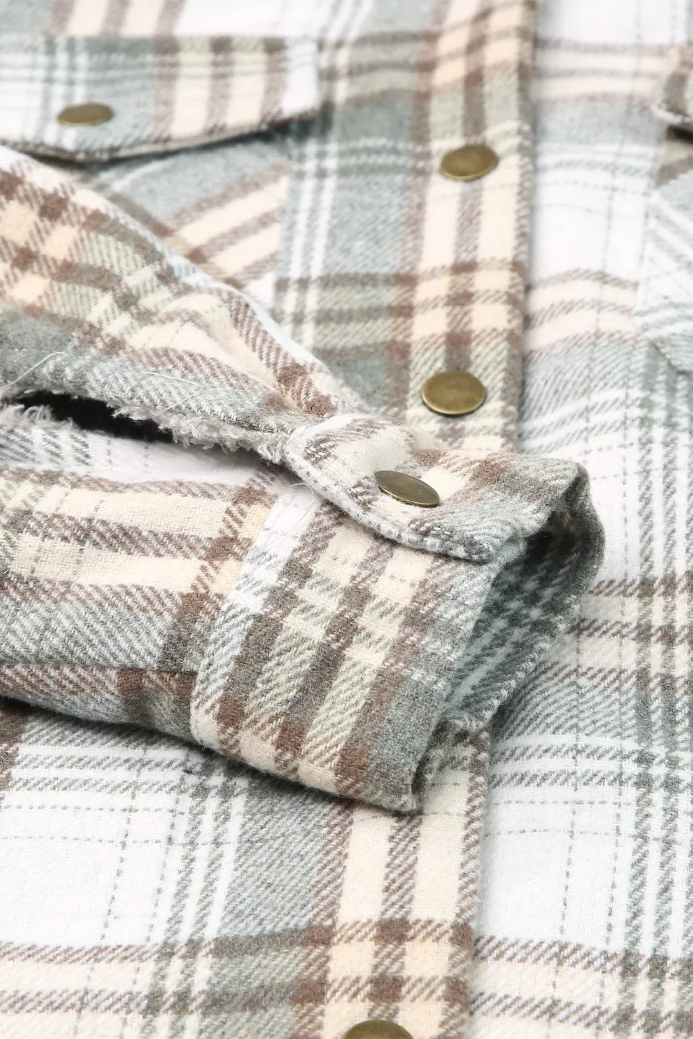 Gray Plaid Pattern Sherpa Lined Hooded Shacket - Chic Meadow Boutique 