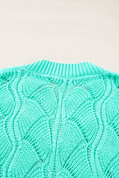 Mint Green Hollow Out Knit V Neck Drop Shoulder Sweater - Chic Meadow Boutique 