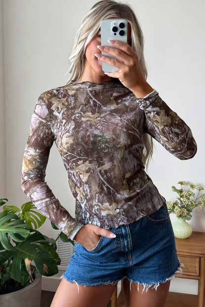 Smoke Gray Floral Print Slim Fit Mesh Long Sleeve Mock Neck Top