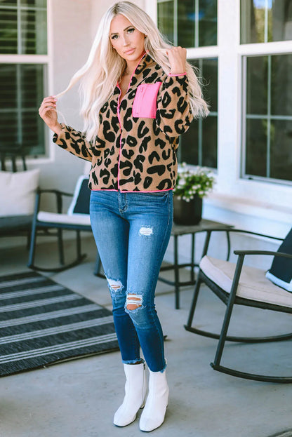 Leopard Colorblock Pocket Zipper Fuzzy Fleece Jacket - Chic Meadow Boutique 