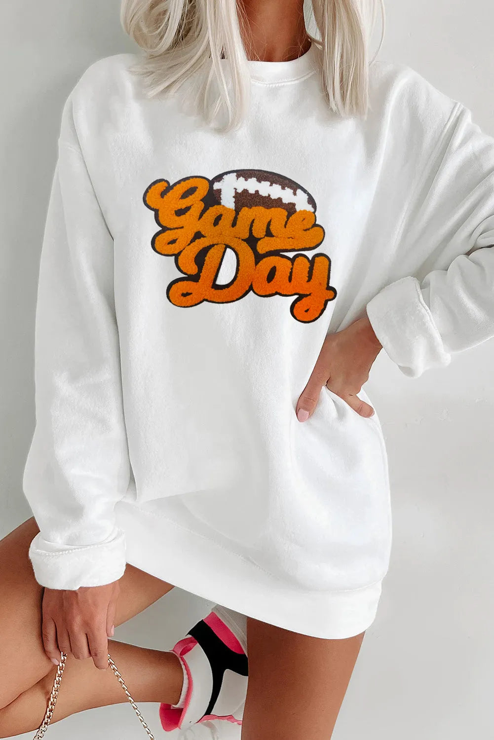 White Chenille Game Day Rugby Football Pattern Pullover Sweatshirt - Chic Meadow Boutique 