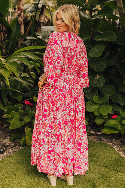 Rose Plus Size Floral V Neck Wide Sleeve Maxi Dress