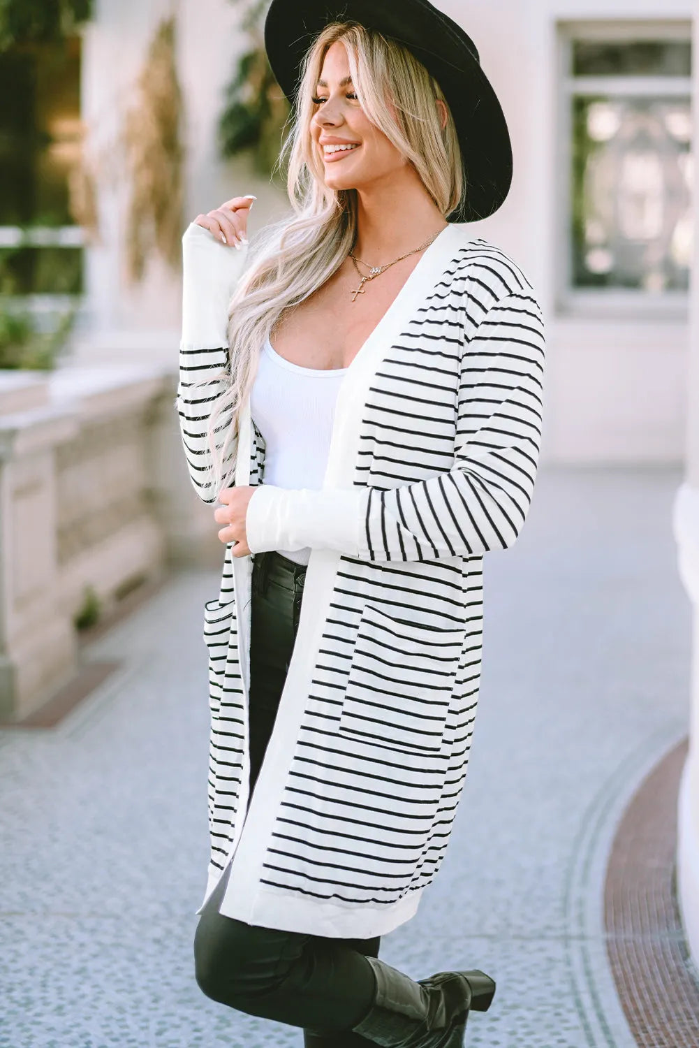 White Striped Side Pockets Open Front Cardigan - Chic Meadow Boutique 