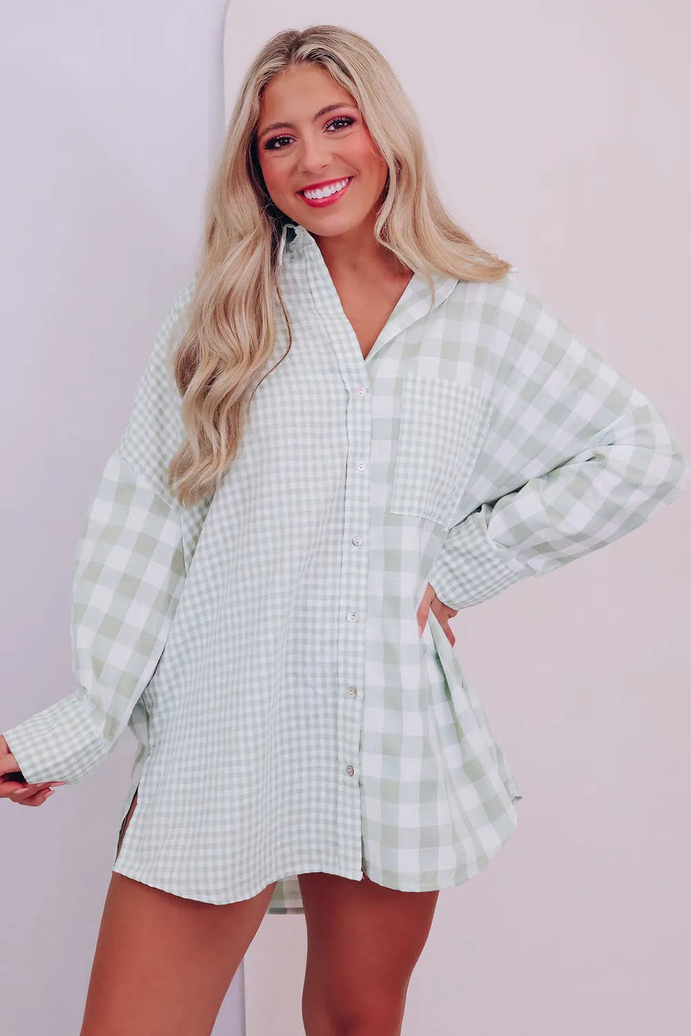 Tops/Blouses & Shirts Green Mix Checked Patchwork Long Sleeve Shirt