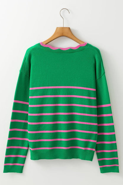 Sweaters & Cardigans/Cardigans Green Stripe Ribbon Cute Bow Detail Sweater Knit Cardigan