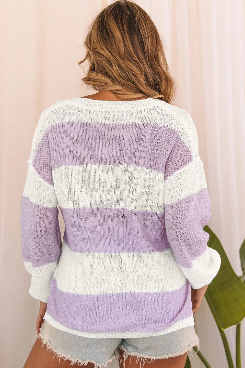 Pink Striped Knit Button Ribbed Split Neck Sweater - Chic Meadow Boutique 