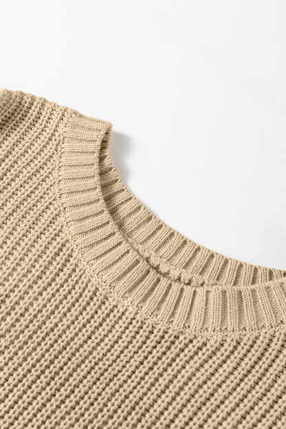 Light French Beige Round Neck Knit Contrast Short Sleeve Patchwork Sweater Top