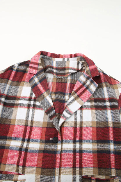 Fiery Red Plaid Button Up Lapel Jacket - Chic Meadow Boutique 