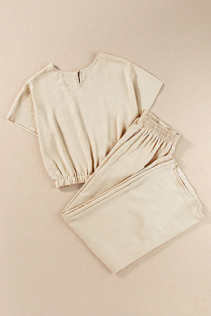 Beige Crinkled Elastic Hem Crop Tee and Wide Leg Pants Set - Chic Meadow Boutique 