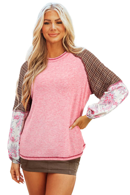 Fushia Mixed Print Patchwork Raglan Ribbed Knit Top - Chic Meadow Boutique 