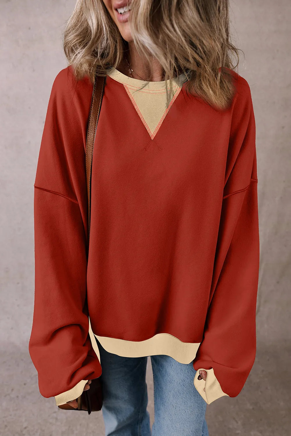 Red Clay Color Block Patch Drop Shoulder Oversized Sweatshirt - Chic Meadow Boutique 