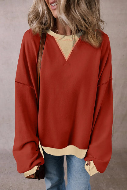 Red Clay Color Block Patch Drop Shoulder Oversized Sweatshirt - Chic Meadow Boutique 