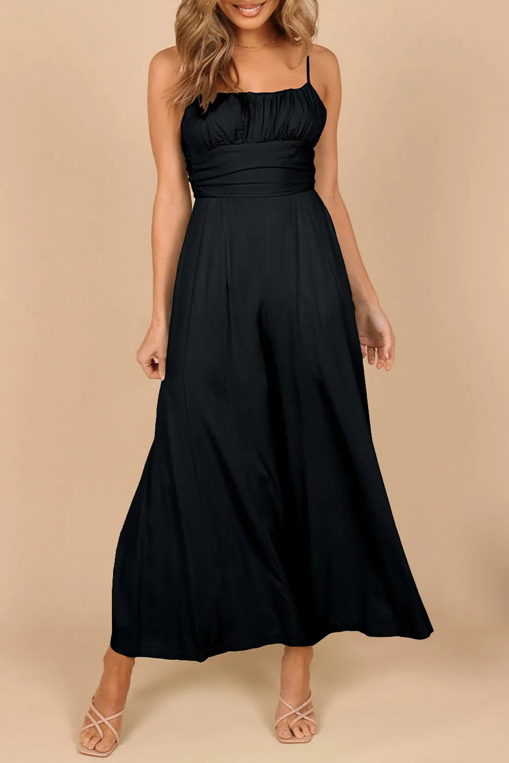 Black Spaghetti Straps Backless Knot Wide-Leg Jumpsuit - Chic Meadow Boutique 