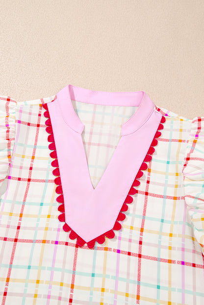 White Plaid Flutter Sleeve Colorblock Ric Rac Split V Neck Blouse