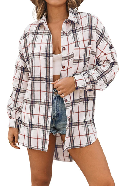 White Oversized Plaid Pattern Shacket with Slits - Chic Meadow Boutique 