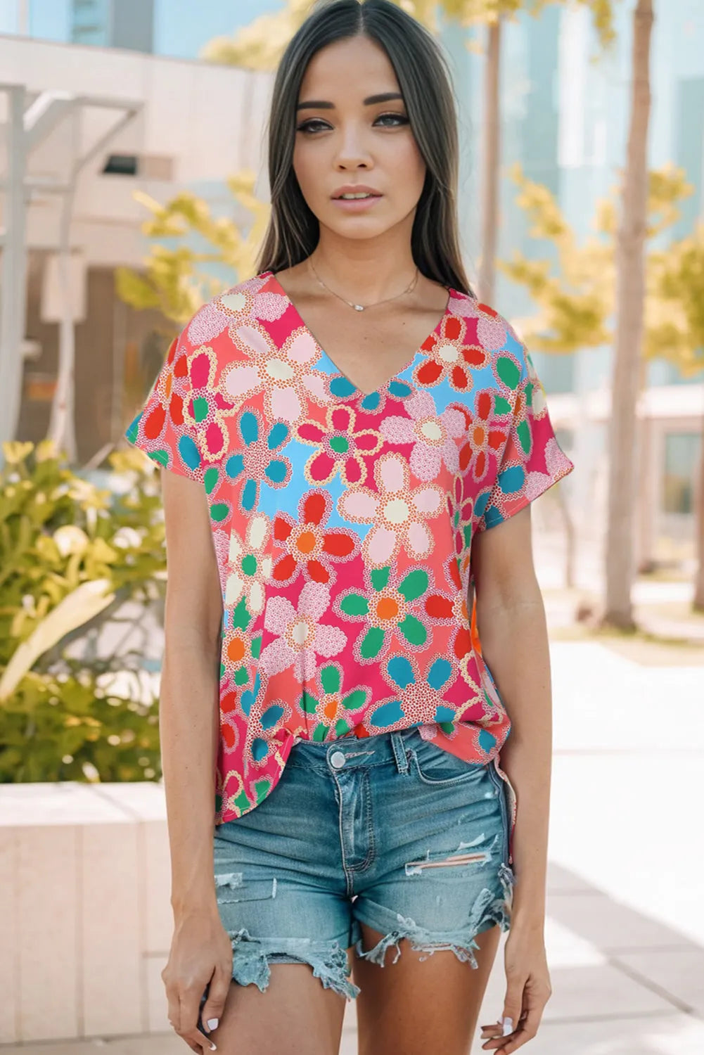 Pink Abstract Print V Neck Dolman Blouse - Chic Meadow Boutique 