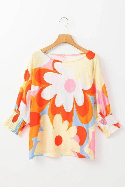 Tops/Blouses & Shirts Yellow Ribbed Floral Printed Shirred 3/4 Sleeve Blouse