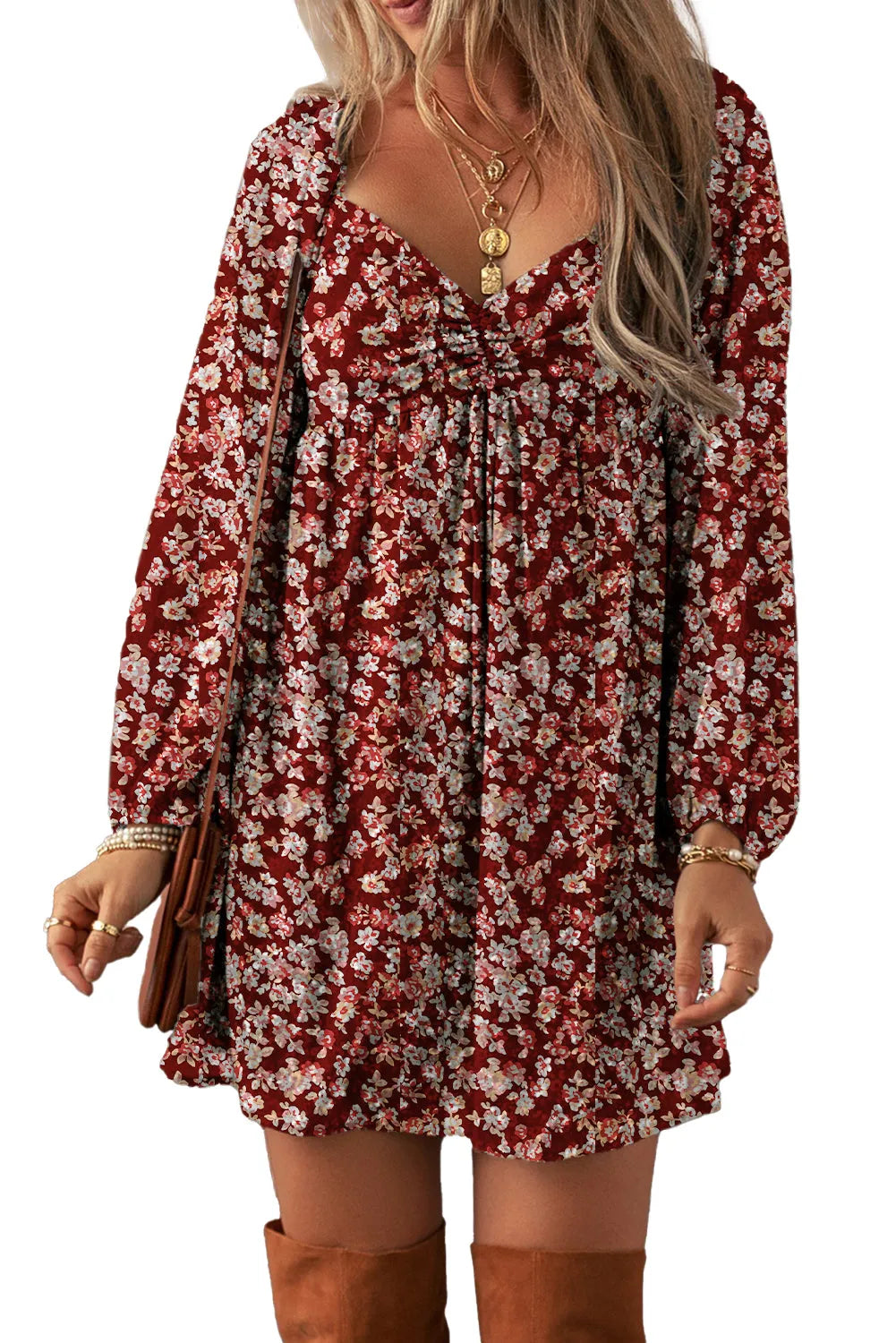 Red Floral Print Sweetheart Neck Shirred Back Mini Dress - Chic Meadow Boutique 