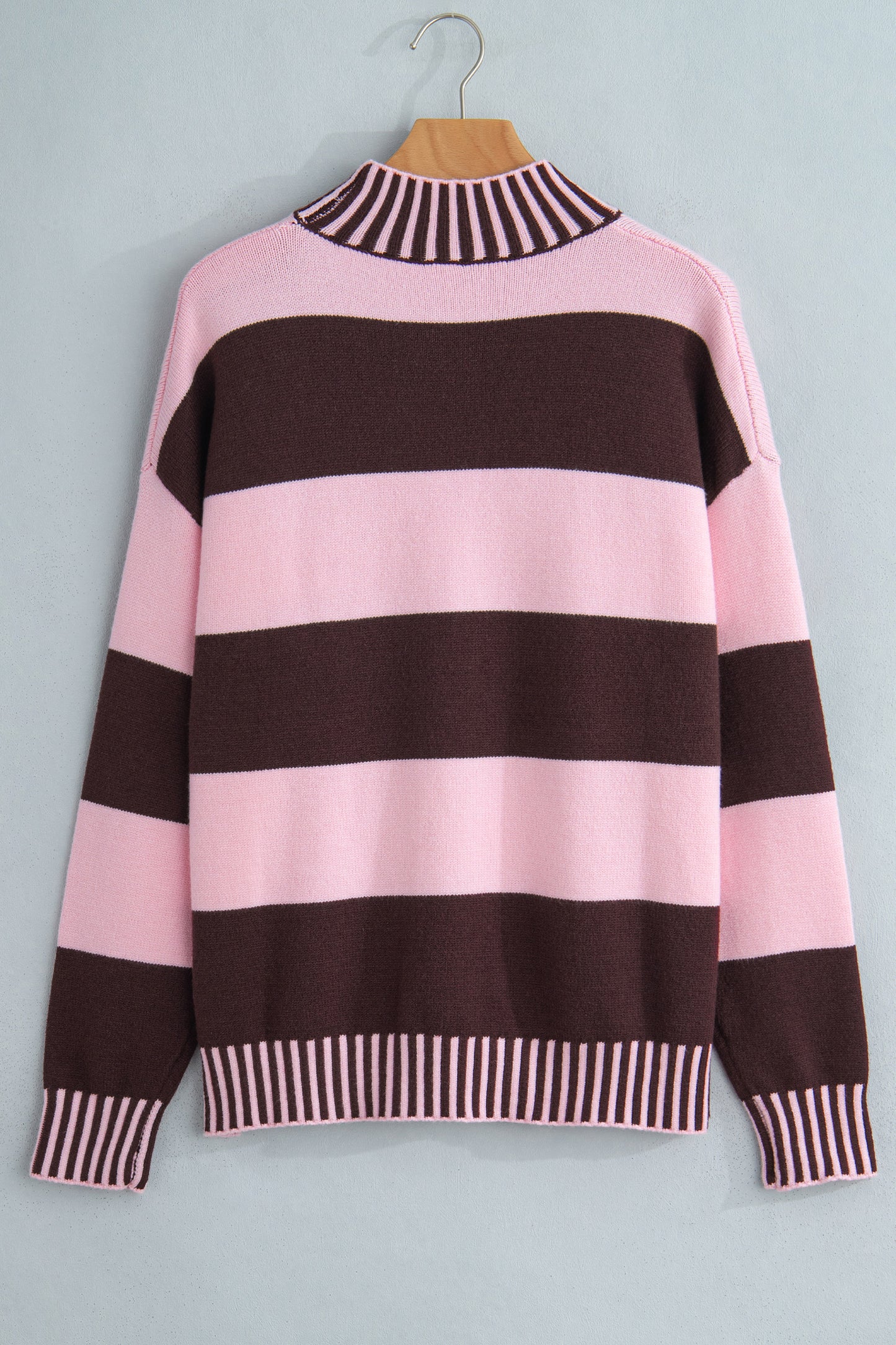 Pink Stripe Contrast High Neck Dropped Shoulder Relaxed Pullover Sweater