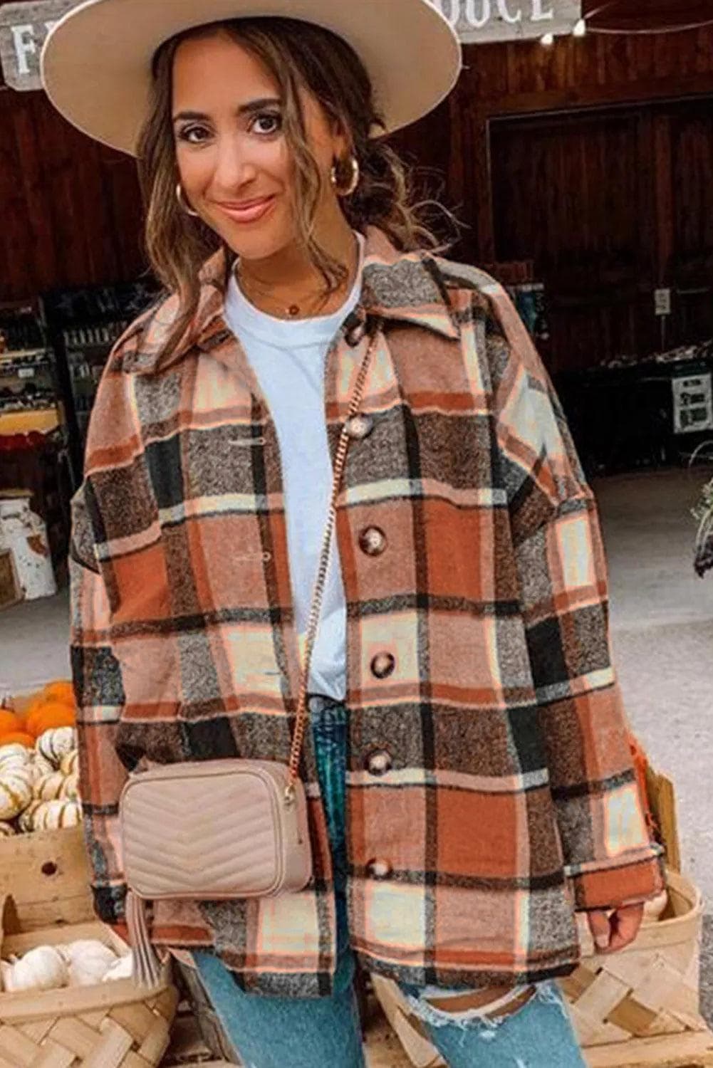 Outerwear/Jackets Orange Plaid Print Buttoned Shirt Jacket