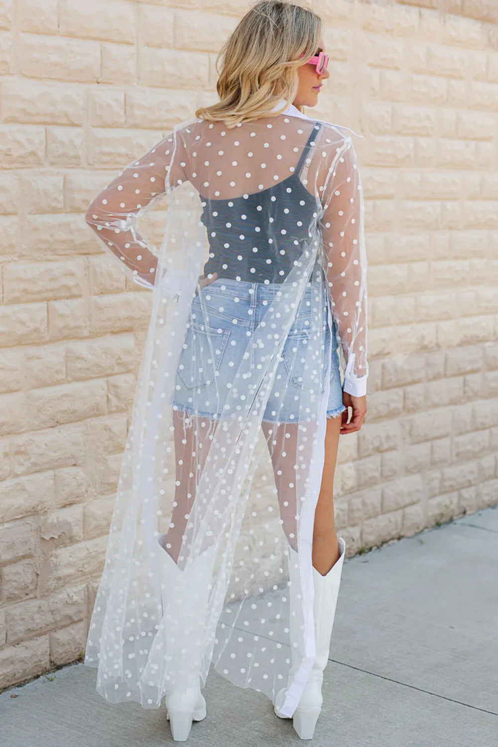 White Polka Dot Print Collared Buttoned Mesh Duster Kimono - Chic Meadow Boutique 