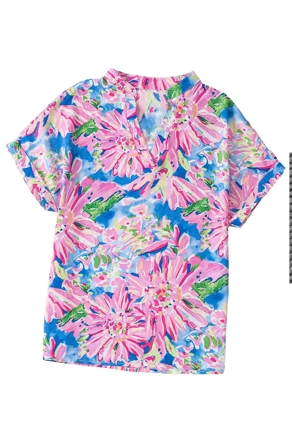 Tops/Blouses & Shirts Pink Abstract Floral Print Notch V Neck Rolled Short Sleeve Blouse