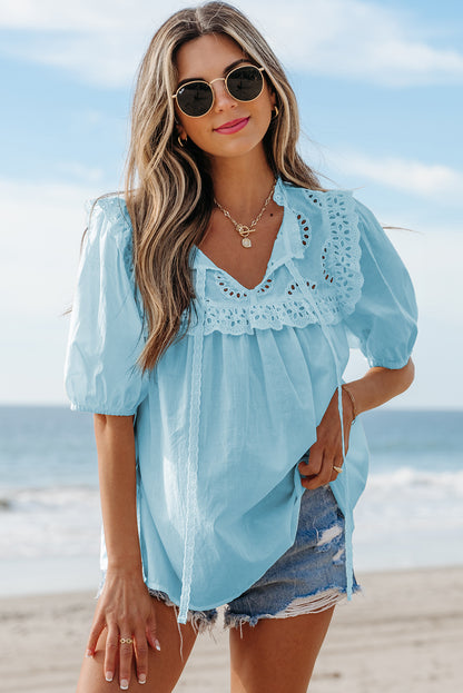 Mist Blue Embroidered Lace Patchwork Tie Neck Puff Short Sleeve Blouse